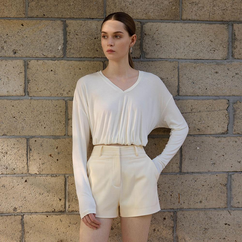 Waiwaiaiem Yy_V-Neck Dropped Shoulders Top_2Color