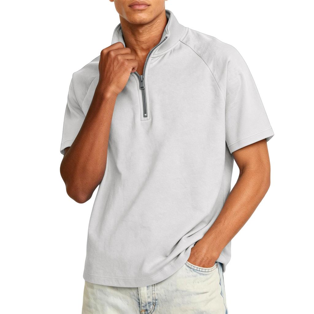Men's Quarter-length Zipper Stand-collar Casual Short-sleeved Shirt