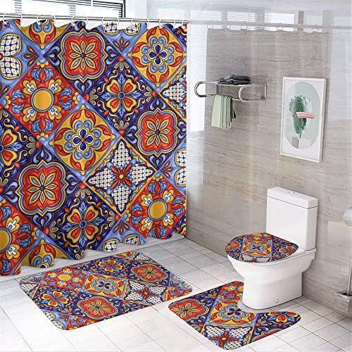 Flower Watercolor Field Flower Shower Curtain With 4 Pieces Absorbent Bathroom Mat Bathroom Curtain With Soft Bath Wheel U-Shaped Mat