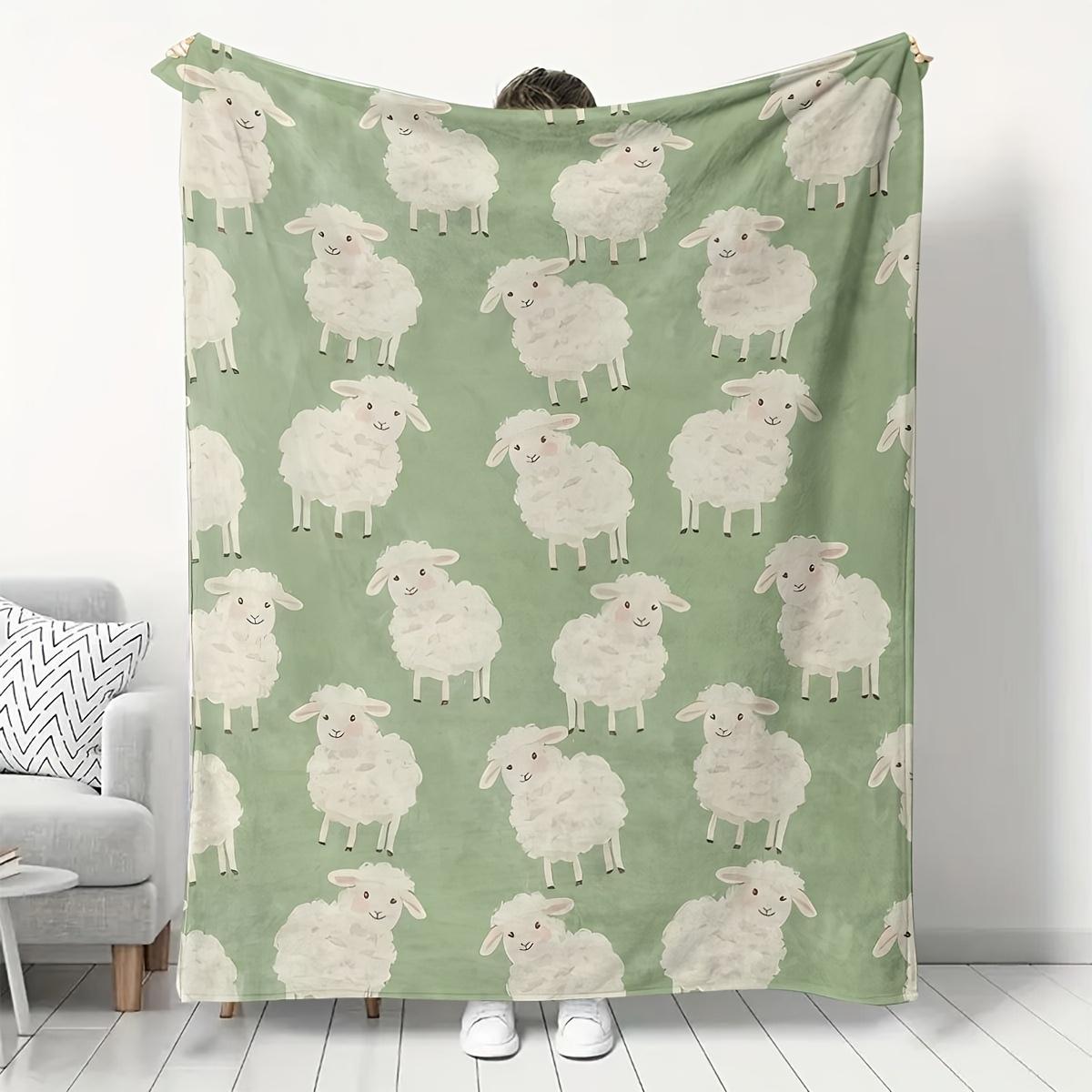 Grüne Weiße Niedliche Schafmuster Decke - Entzückendes Tier Motiv Weiches Leichtes Akzent für Sofa Bett Büro Reisen Size: 130*170cm, Weight: 230 GSM