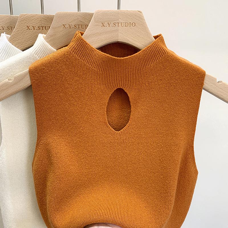 Fashion Half Turtleneck Hollow Out Knitted Tank Top Summer Women Casual Solid Color Sleeveless Vest