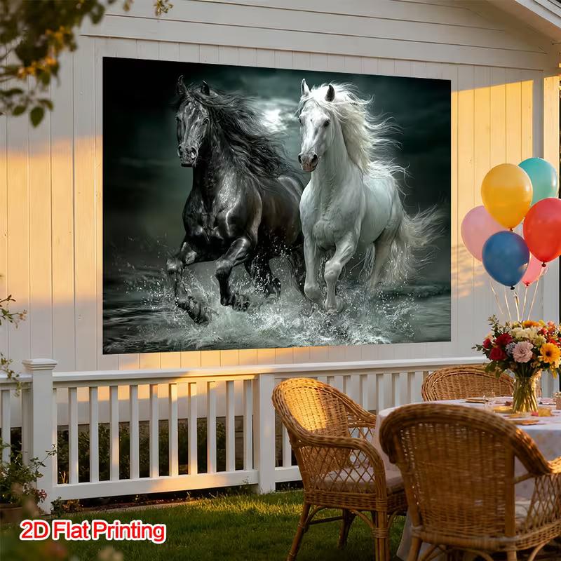 Powerful Galloping Horses Tapestry, Black and White Horses Charging Through Water with Splashes, Dramatic Equestrian Wall Art