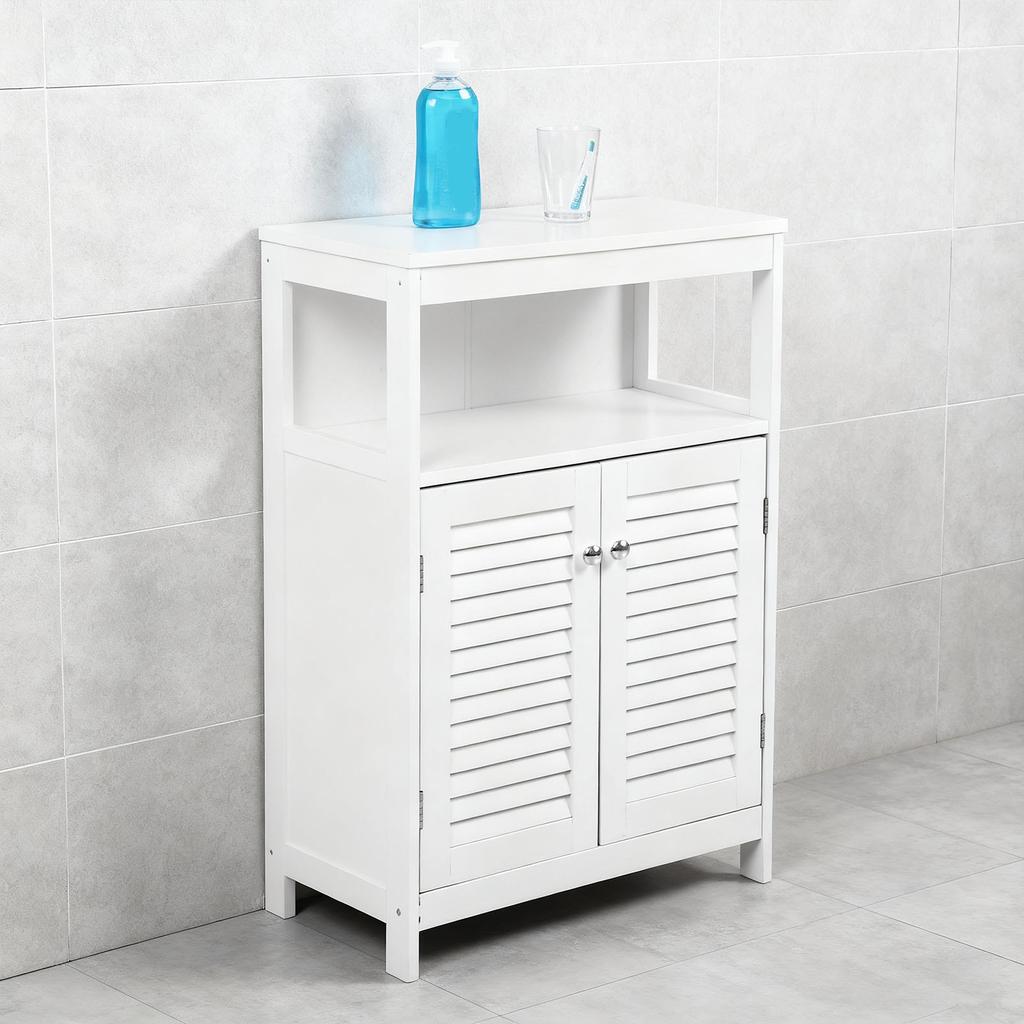 Bathroom Storage Cabinet White Water Proof Wooden Freestanding Cabinet with Removable Shelf Shutter Doors for Home Hotel