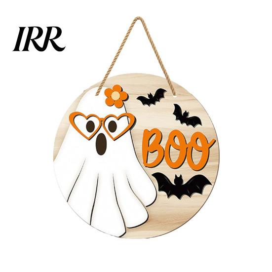 Haunted House Door Sign Halloween Hanging Sign, Wooden Front Hanger Wreath, Cute Eye-catching Ghost Welcome for Porch Wall Indoor Home Decoration