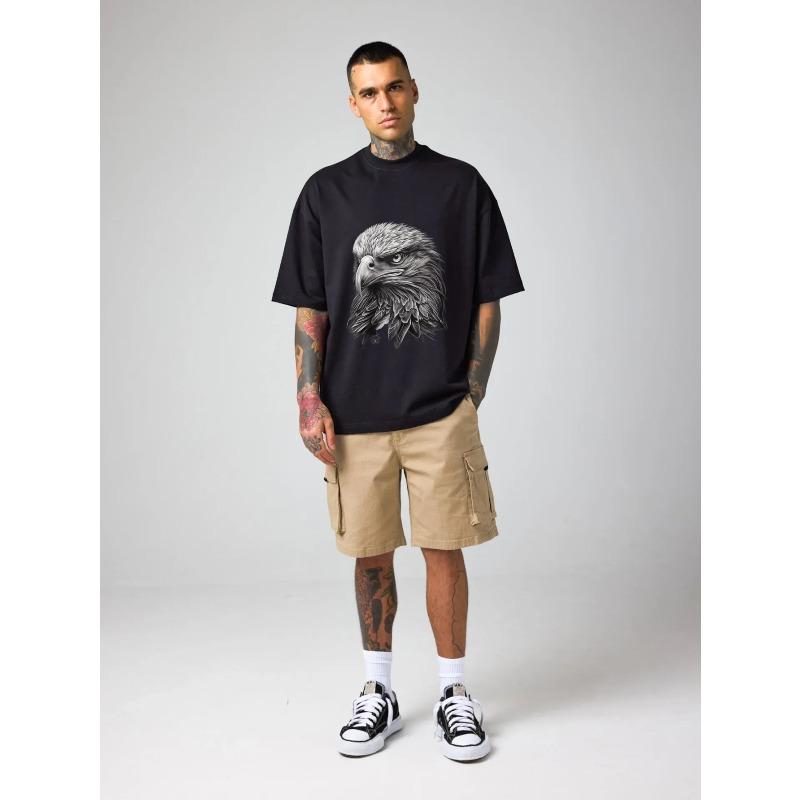 Oversized T Shirt Black Eagle Head Graphic Print Casual Streetwear Men's Fashion Top
