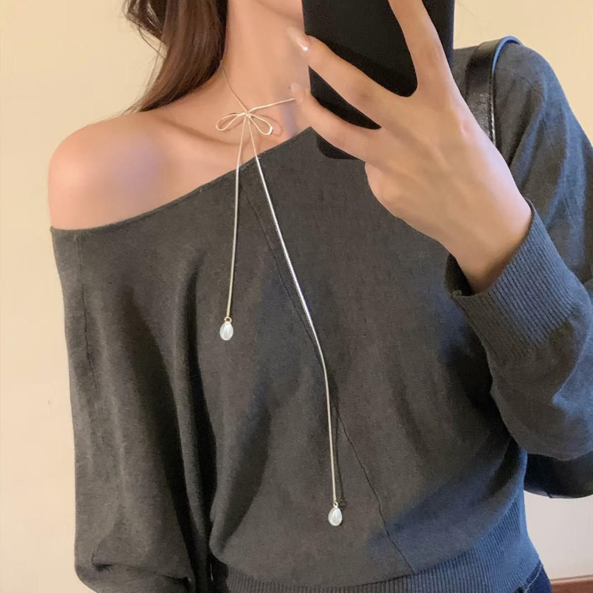 Chic Bow Sweater Chain with 7-8mm Freshwater Pearls, Versatile Gift for Women 7-8mm