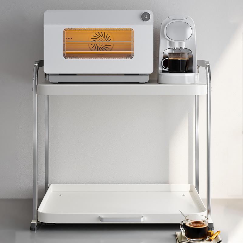 Double Layer Microwave Oven Storage Rack - Multi-functional Kitchen Countertop Shelf with Pull-out for Rice Cooker