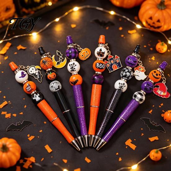 Handmade Wooden Writing Pens 6PCS Halloween Beadable Pen Kit, DIY Ballpoint with Pumpkin Witch Unique Ghost Theme Beads, Creative Smooth for