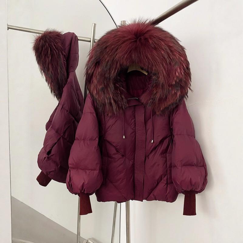 Womens Hooded Down Coat With Raccoon Fur Trim Knit Sleeve Loose Fit Mid-Length Warm Winter Jacket