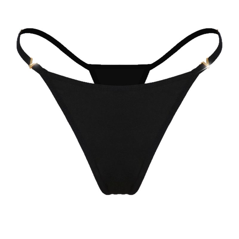 

European and American Sexy Solid Seamless Thong Metal Ring Adjustable Thin Drawstring Women Underwear Black L