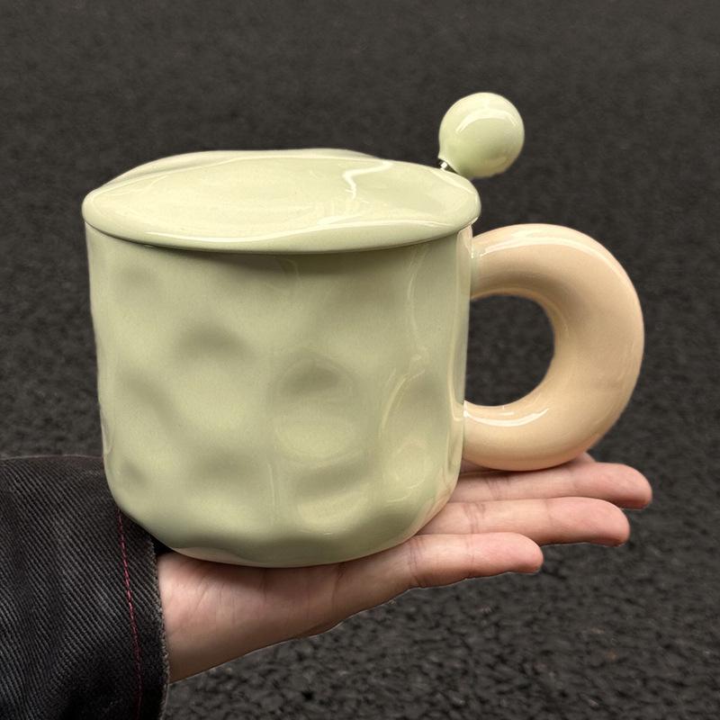 Fufu Contrasting Color Mug with Lid Spoon Birthday Gift for Girls Best Friend Practical Water Cup Ceramic Souvenir