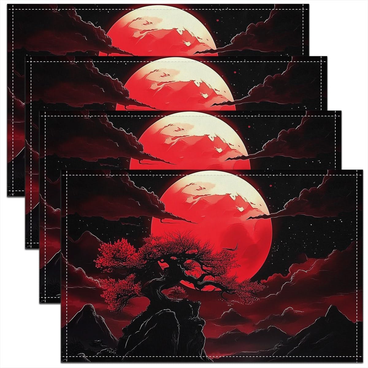 

Red Black Japanese Placemats Set of 4 18 x12 Kids Red Cherry Blossoms Table Place Mats for Boys Girls Teens Moon Mount Fuji Placemat 4pcs-12x18