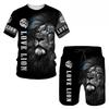 2 Piece Lion Set Trend Mens Retro 3D Printed Leisure Summer Suit Round Neck T-shirt Fashionable Loose Sports Shirt Suit