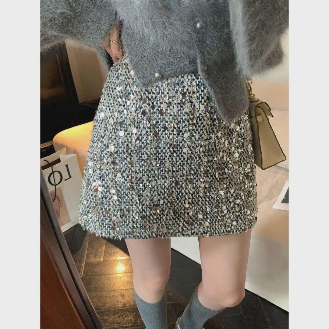 

Women s High-Waisted Sequin Mini Skirt - Autumn/Winter Fashion, Slimming & Versatile, Shiny Hip-Hugging Pencil Design 4XL (Recommended 165-180 jin)