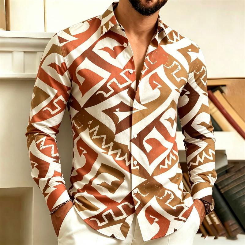 Men's Collar Button Up Long Sleeved Shirt, Black and White Abstract Geometric Full Print Shirt, Street Trendy Casual Loose Top