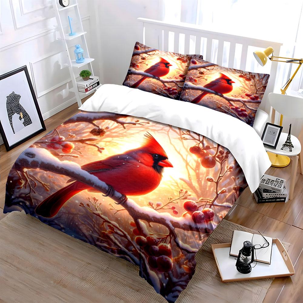 Winter Scenery with Cardinal Trio Kid's and Adults' Bedroom Decor, Exquisite Three-piece Bedding Set Gift