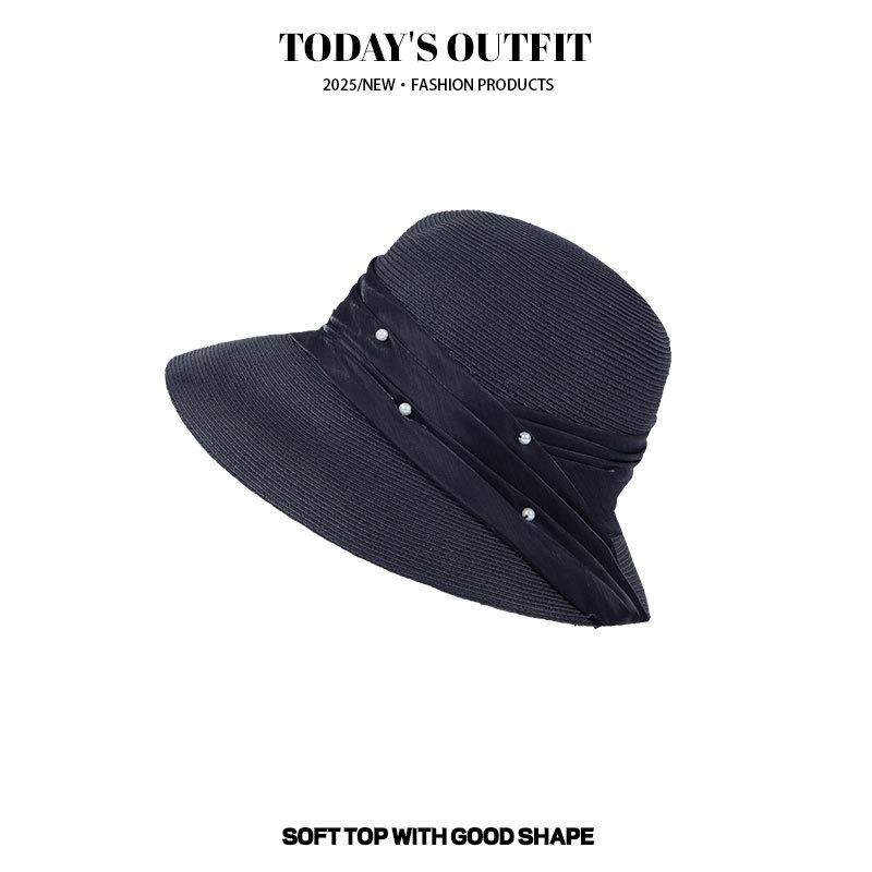 

Женская летняя соломенная шляпа для защиты от солнца, японская шляпа-панама из марли с жемчугом, складная шляпа-рыбак с бантом, шляпа-клош, пляжная шляпа от солнца, тренд