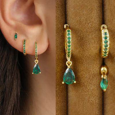 3PCS Fashion Green Zircon Water Drop Dangle Earrings Set For Women Minimal Huggie Stainless Steel Drop Earring Piercing Jewelry