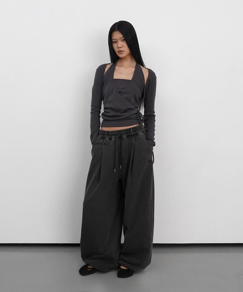 Saendeulig Layered Halter Wrap Long Sleeve_Charcoal