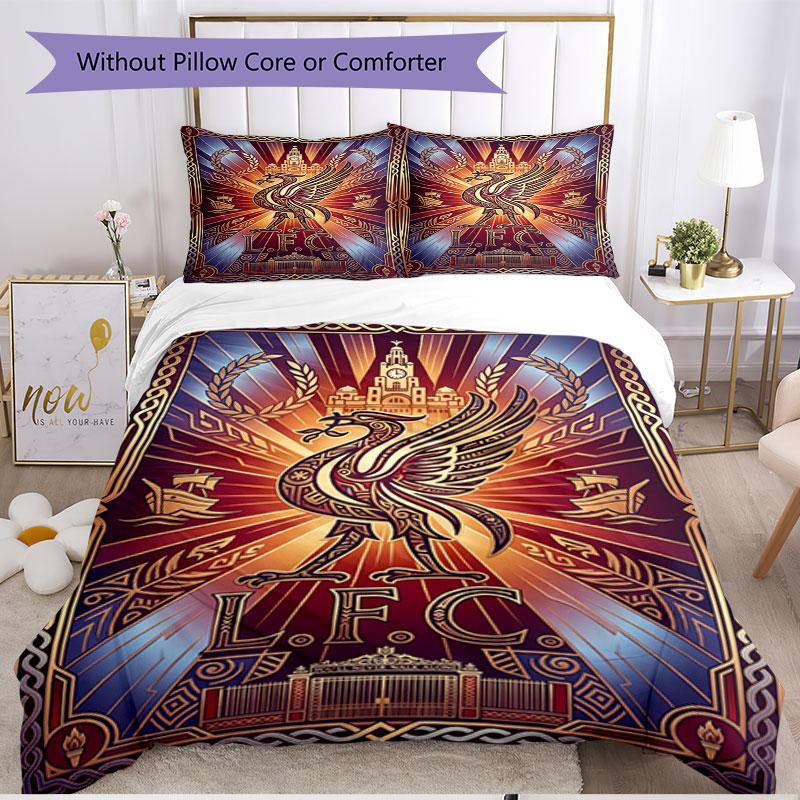3-teiliges Bettbezug-Set (1 * Bettbezug + 2 * Kissenbezug, ohne Kern), Liverpool Football Club Druck Weiches Ganzjahres-Bettwäscheset, Heimschlafzimmer-Dekoration Geschenk