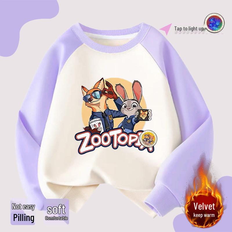 Girls' Zootopia Color Block Hoodie with Lights - Cotton, Raglan Sleeves, Striped, Thin/Plus Velvet, Autumn/Winter