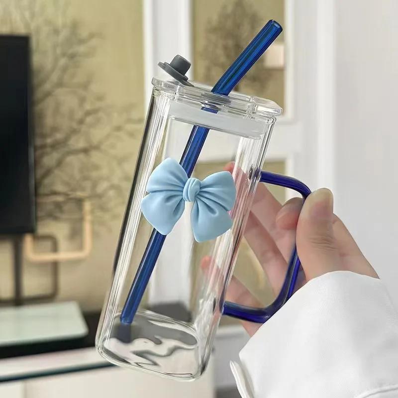 400mL Butterfly-Decorated Straw Cup Glass Tumbler with Straw & Handle - Reusable Freezer-Safe Water Cup for Coffee Juice Milk