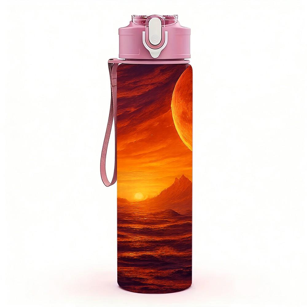1PC Sunset Planet Cosmic Landscape Print 750ml Color Plastic Sports Water Bottle Leakproof Flip Straw Lid Suitable for Sports Office Home Use