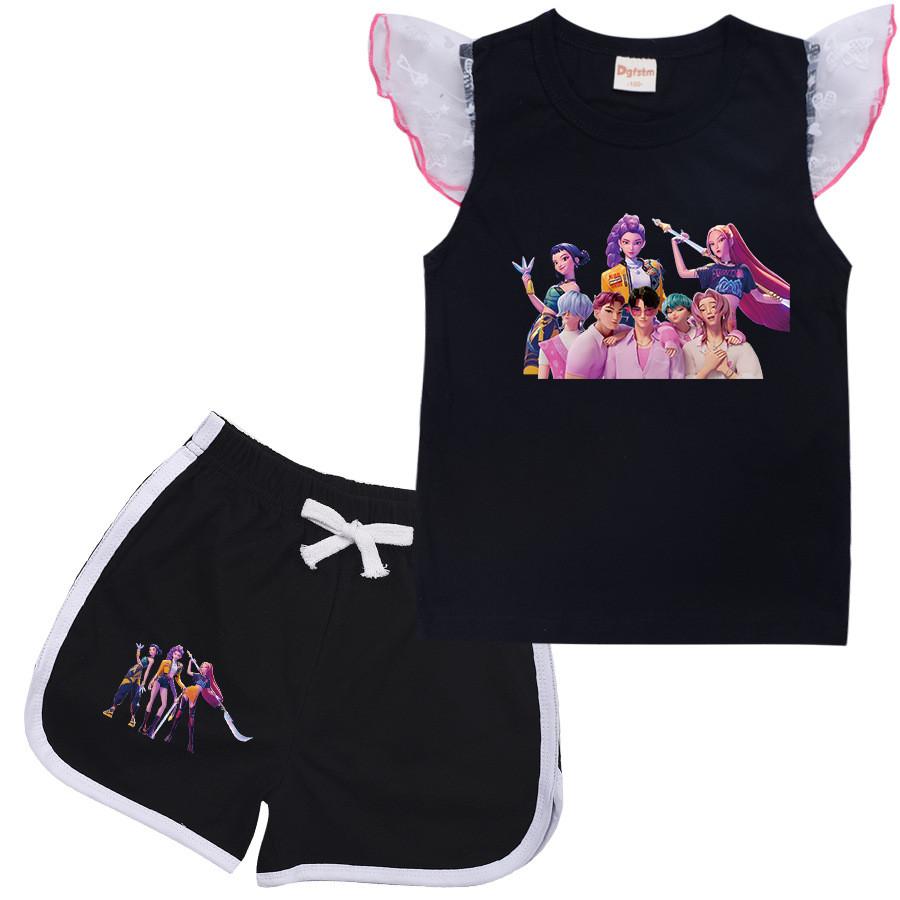 Kinder Mädchen Anime Cartoon POP Sängerin Rumi Zoey Mira Bedrucktes Lässiges Mesh Kurzarm T-Shirt Shorts Kleidung Set