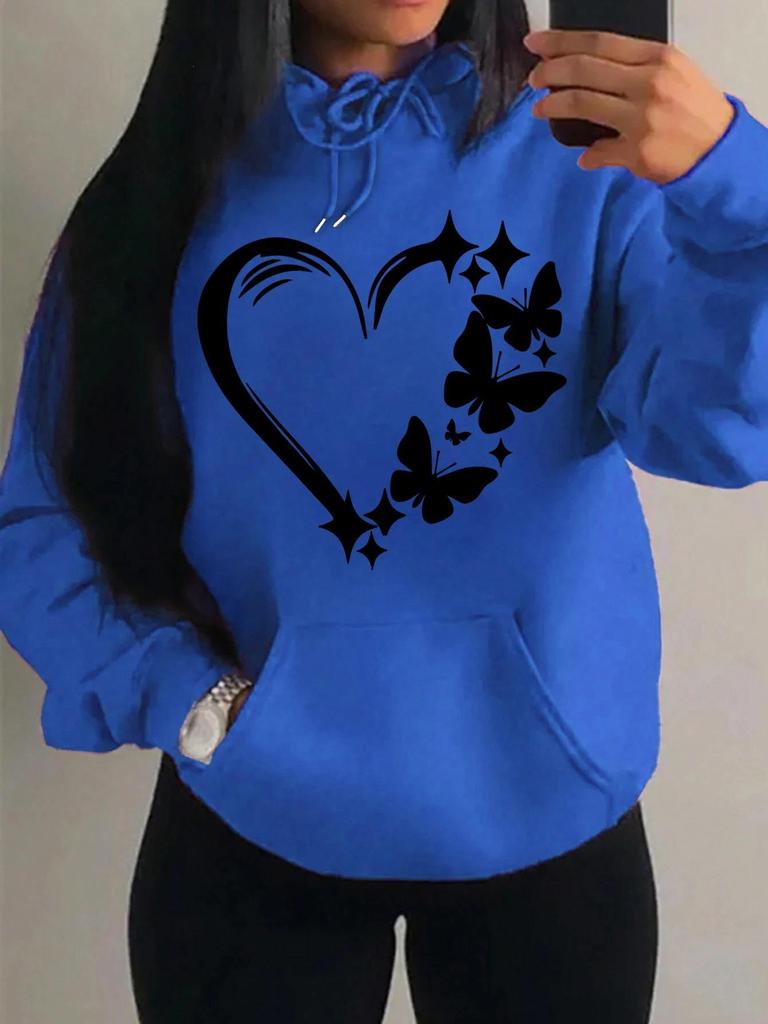 Women's Loose Fleece Hoodie with Love & Butterfly Print