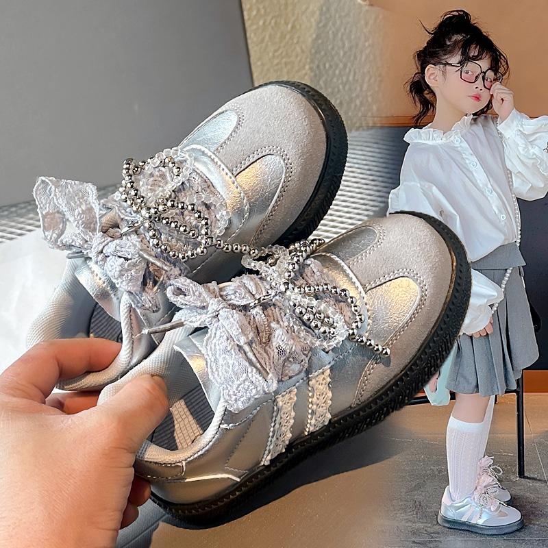 Girls Casual Shoes Mesh Lace Bow Kids Sports Shoes Princess Style Ins Trendy 2025 New Children Running Shoes Fashion Soft Sole