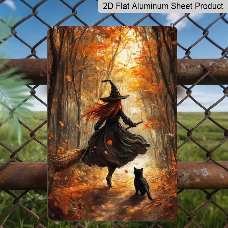 2D Flat Vintage Autumn Forest Witch with Black Cat Aluminum Metal Sign‑8.0x12.0inch Halloween Wall Decor, Witch Broom Fall Maple Leaf Art Plaque