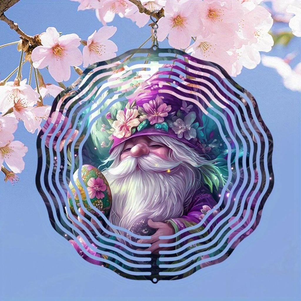 Enchanting Purple Gnome Wind Chime Outdoor Decor Rotating Kinetic Art Moonlit Garden Floral Easter Egg Design Patio Lawn Gift
