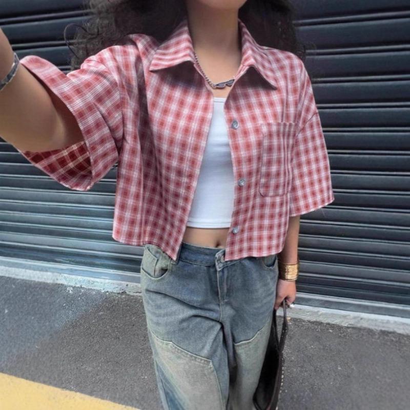 Women S Plaid Short Sleeve Cropped Shirt Casual Summer S