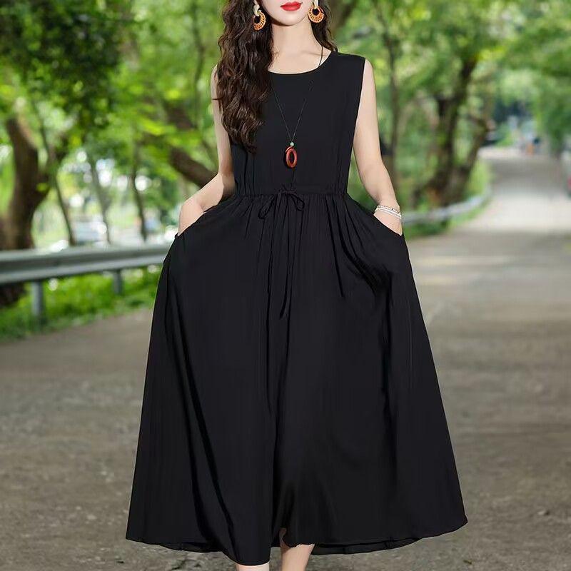 New Summer Floral Cotton-Silk Sleeveless Dress - Plus Size, Loose Fit, Slimming, Vacation Style Mom’s Long Dress
