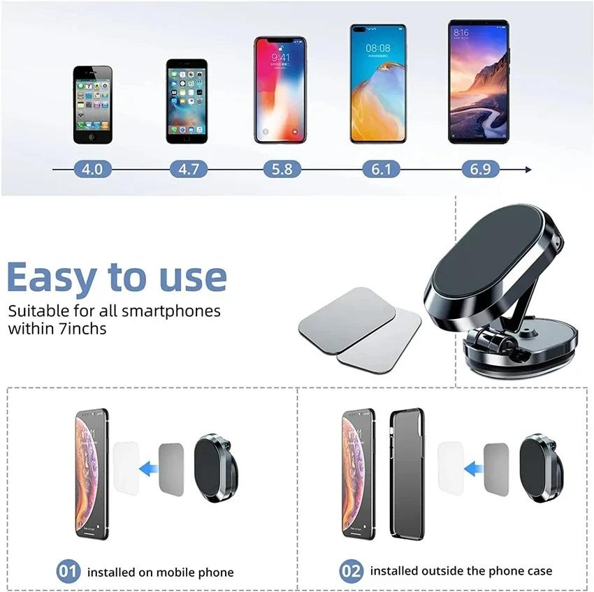 1080° Rotatable Magnetic Car Phone Holder - Foldable GPS Smartphone Bracket for iPhone Samsung Xiaomi Devices