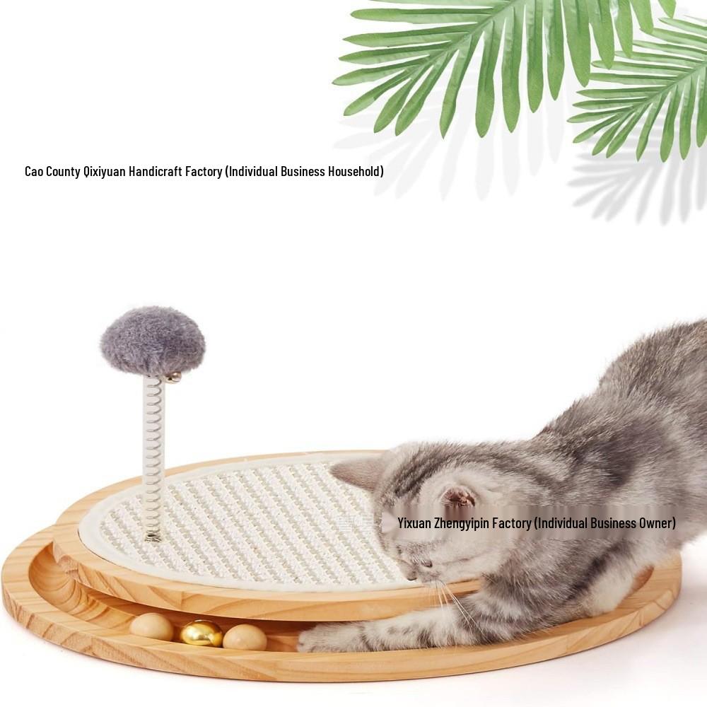 Двухуровневый деревянный когтеточка для кошек с игрушкой-дразнилкой, сизалевым ковриком и шариком для самостоятельных игр As Shown