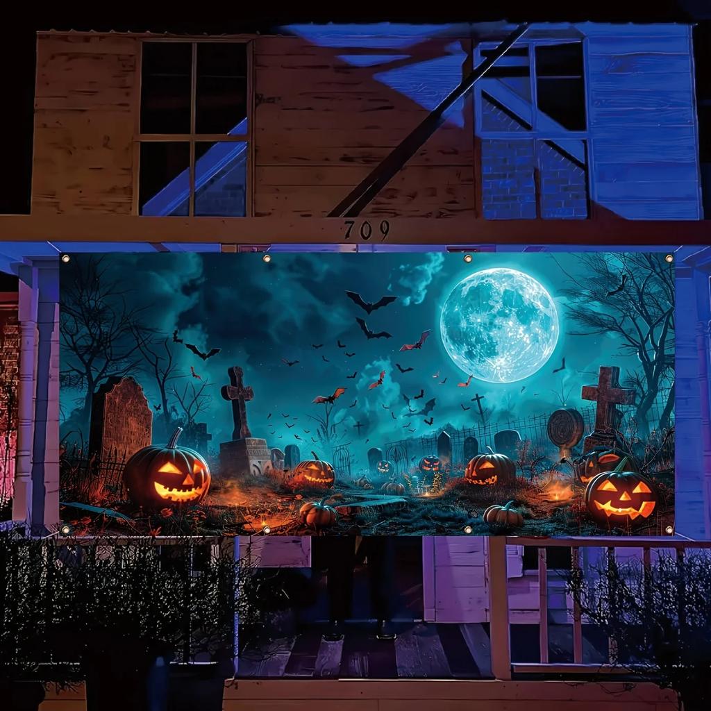 Halloween Ghost Garage Banner - Bright Polyester Fiber, Large Outdoor Wall DecorationDJH