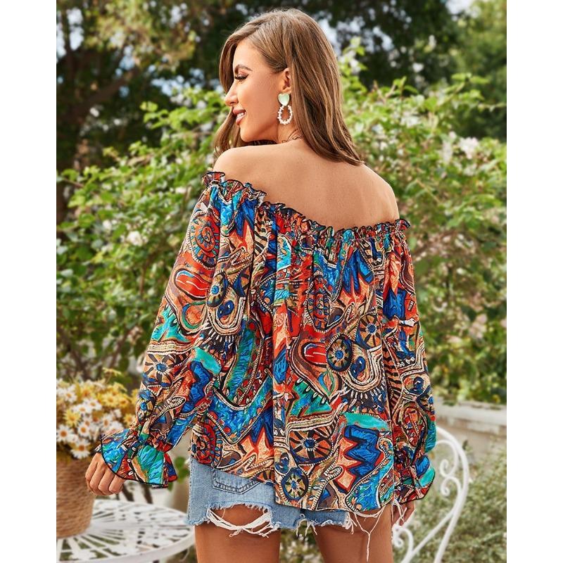 Women S One Shoulder Long Sleeve Printed Casual Shirt