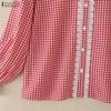 ZANZEA Women Floral Splice Doll Collar Casual Long Sleeve Plaid Print Blouse
