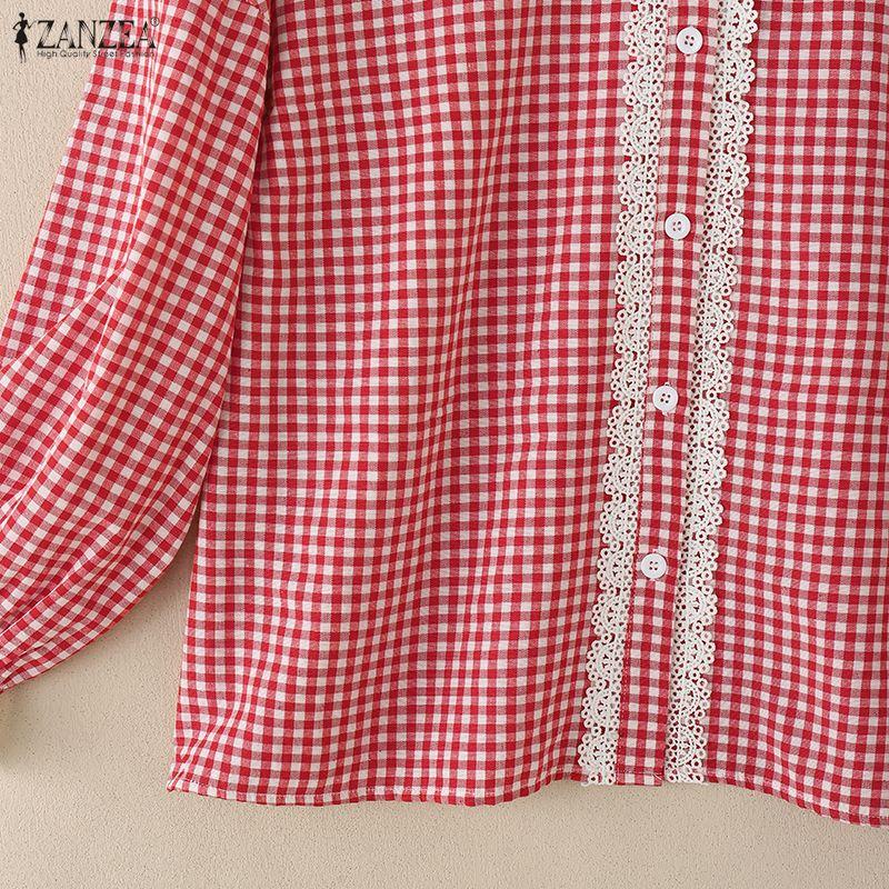 ZANZEA Women Floral Splice Doll Collar Casual Long Sleeve Plaid Print Blouse