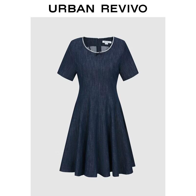 UR2026 Women s Summer Casual Lace Trim Denim Dress L