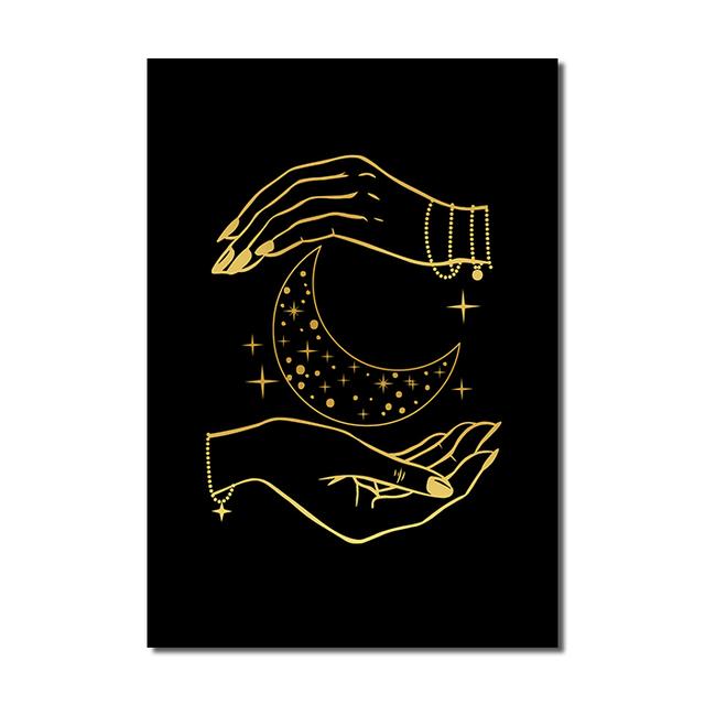 Nordic Boho Black Gold Sun Moon Star Canvas Painting Poster Print Modern Home Decor Abstract Wall Art for Living Room Decoration