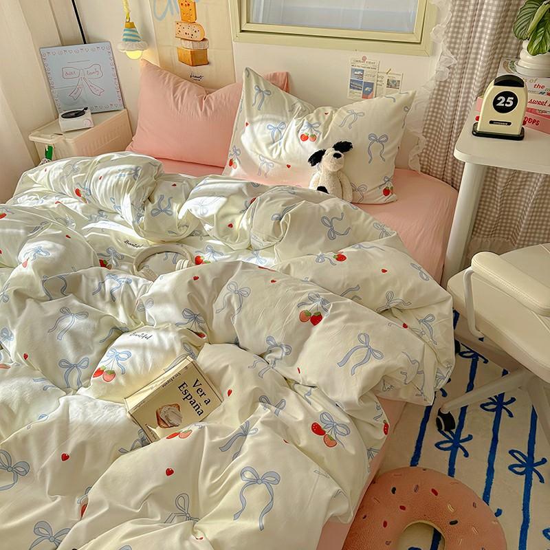 INS Cartoon Pattern Bedding Set For adults kids Fluffy pink lovely Flat Sheet With Pillowcases Colorful King Queen Full size