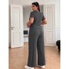 Plus-size Women's V-neck Pleated Set with Irregular Bottom Hem, Casual Outfit Consisting of Loose Wide-leg Pants