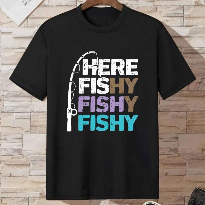 Kids Summer Crew Neck Short Sleeve T-Shirt with Fishing Rod & HERE FISHY Letter Print