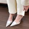 Pink Silver Satin Silk Slingback Shoes Woman Elegant Point Toe Platband Design  Pumps Ladies High Heel Evening Party Sandals