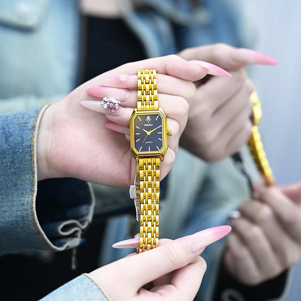 Elegant Vintage Octagonal Ladies Wristwatch Golden Case Quartz Watches Wateproof Steel Strap