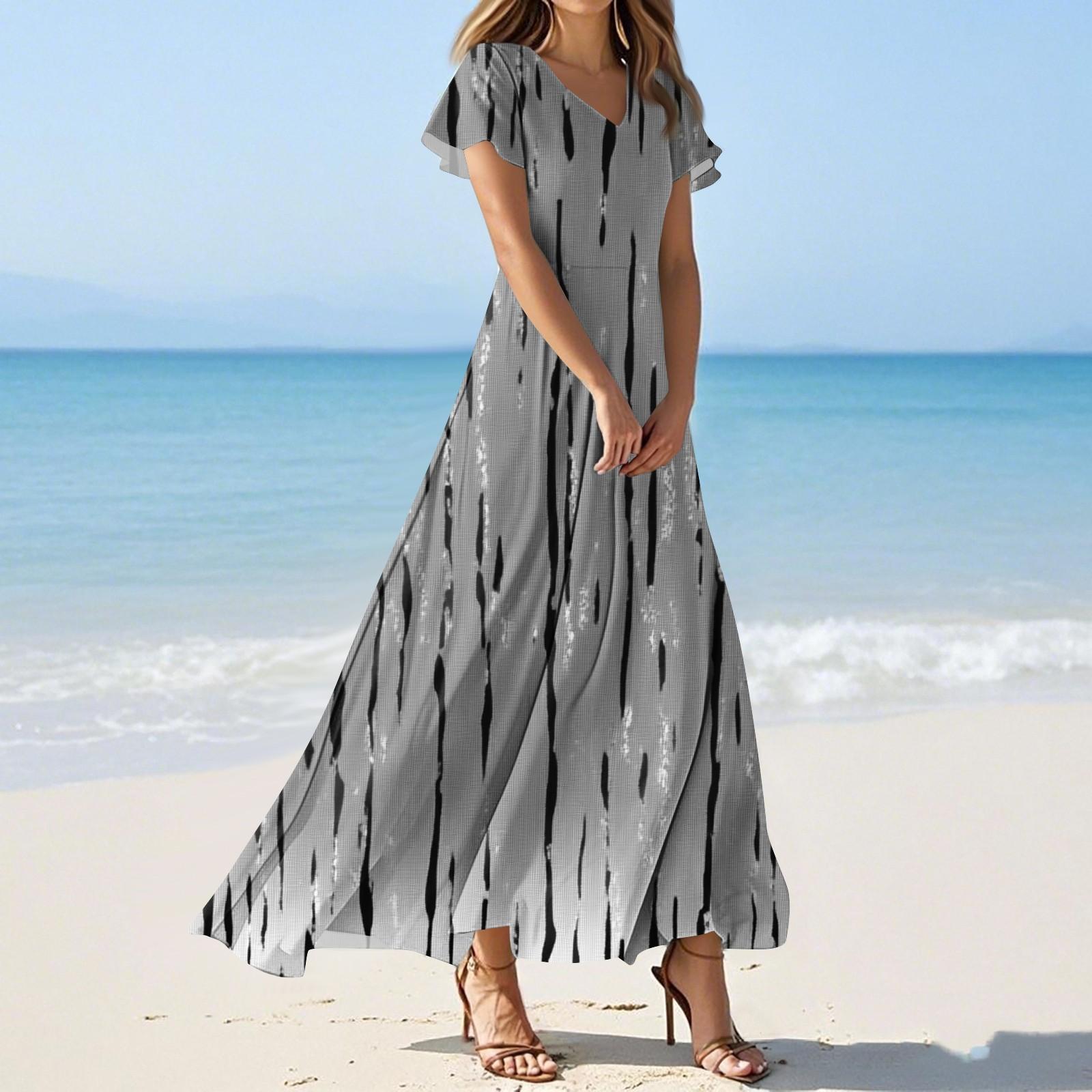 

Жіночі літні повсякденні модні однотонні сукні з V-подібним вирізом і короткими рукавами XL