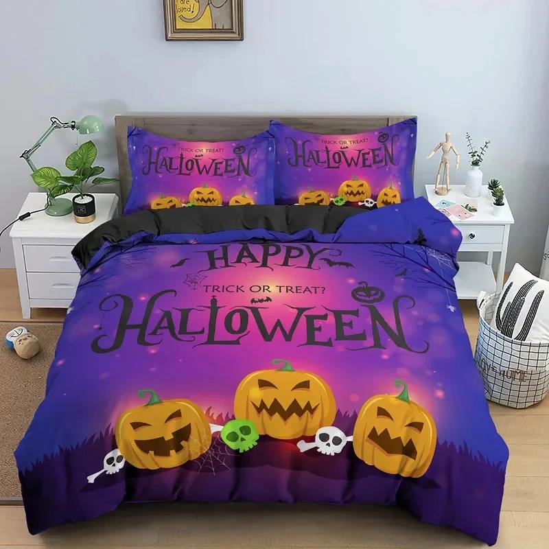 Happy Halloween King Queen Duvet Cover Orange Pumpkin Bedding Set Boys Teens Adults Bats Horror Festival Polyester Quilt Cover