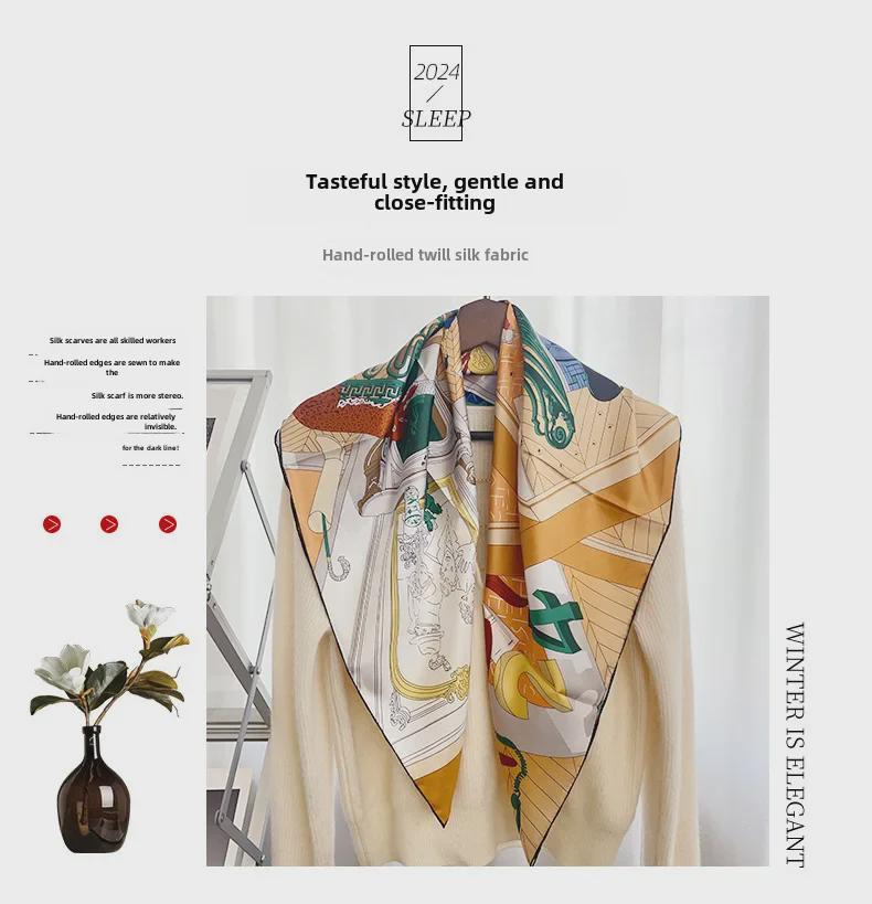 Retro Silk 90cm Square Scarf - Handmade, Luxurious, Light, and Sunscreen Gift for Women